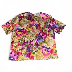 True Vintage 1990s Nora Noh Woman's Floral 100% Silk Blouse SZ XL